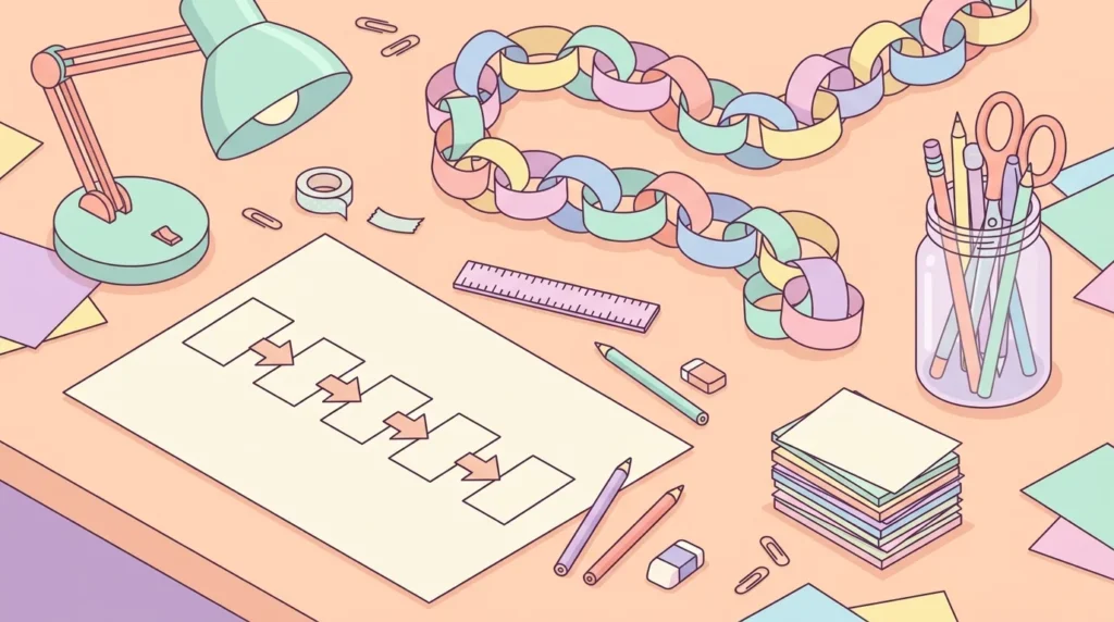 Pastel desk scene with a paper diagram of boxes and arrows, a paper chain and a pencil jar on a peach background.