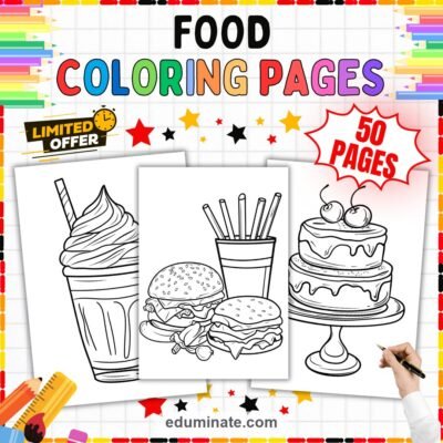 Food Coloring Pages Delicious Snacks Burgers Cake Activity Sheets for Kids — resource cover