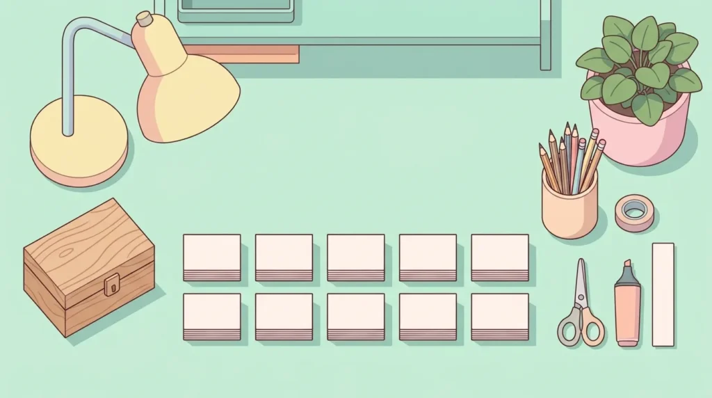 Pastel desk scene with ten stacks of blank cards, a card box, a highlighter and a plant on a mint green background.