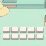 Pastel desk scene with ten stacks of blank cards, a card box, a highlighter and a plant on a mint green background.