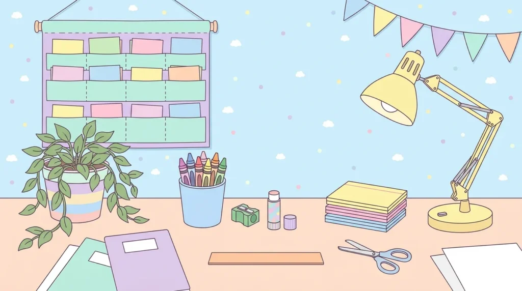 Pastel desk scene with a pocket chart of blank cards, crayons, a glue stick and a plant on a sky blue background.