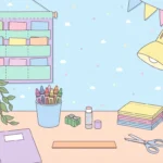 Pastel desk scene with a pocket chart of blank cards, crayons, a glue stick and a plant on a sky blue background.