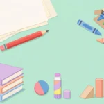 Pastel desk scene with paper, a red pencil, crayons, wooden blocks, closed books and a glue stick on mint.