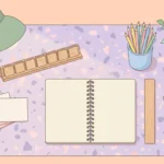 Pastel desk scene with blank wooden tiles, index cards, pencils and a notebook on a peach background.