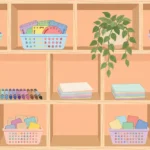 Pastel classroom shelf with baskets of pattern blocks, lacing cards, buttons and tiles on a peach background
