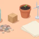 Pastel desk scene with a jar of water, stones, a wooden block, a potted sprout, a toy turbine and a solar panel on peach.