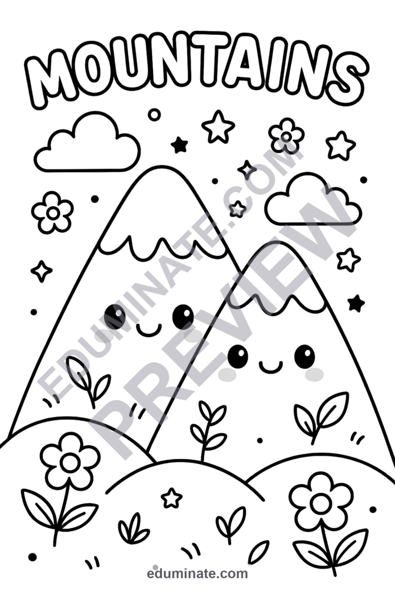 Easy Mountain Coloring Pages Simple Scenery Activity Sheets Pack for Kids sample page 1