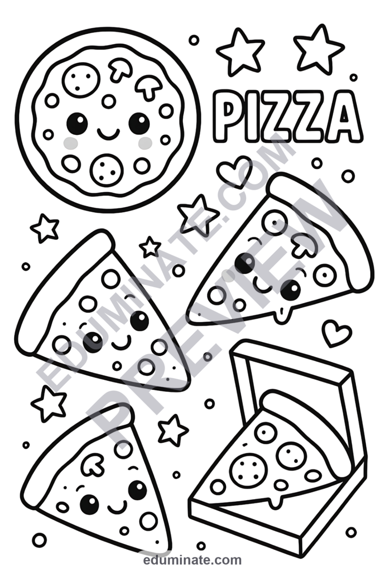 Pizza Coloring Pages Italian Food and Fun Party Activity Sheets Pack Kids sample page 1