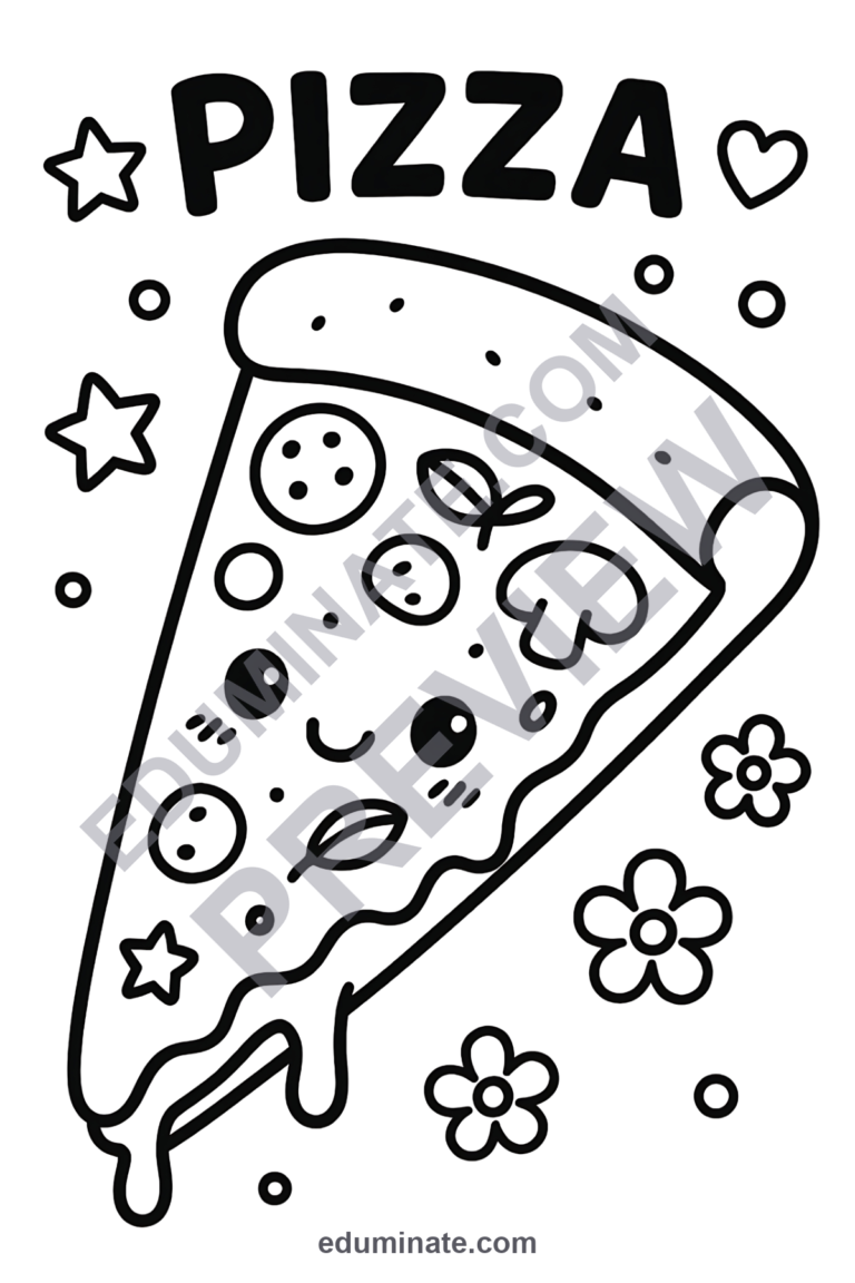 Cute Pizza Coloring Pages Kawaii Food Characters Activity Pack for Kids Fun sample page 1