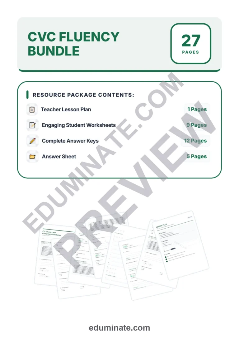 Kindergarten CVC Worksheets – Reading Passages with Questions and Answer Key sample page 1