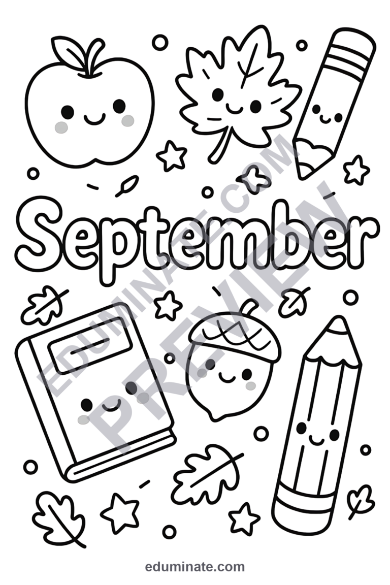 Cute September Coloring Pages Kawaii Fall Friends Activity Sheets Pack Kids sample page 1