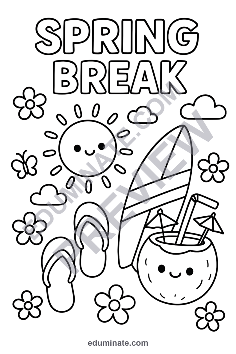 Spring Break Coloring Pages Vacation and Travel Activity Pack for Kids Fun sample page 1