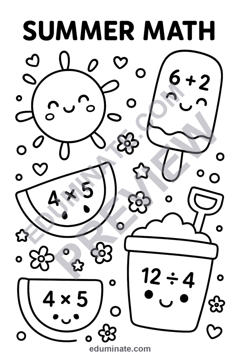 Summer Math Coloring Pages Addition and Subtraction Activity Pack for Kids sample page 1