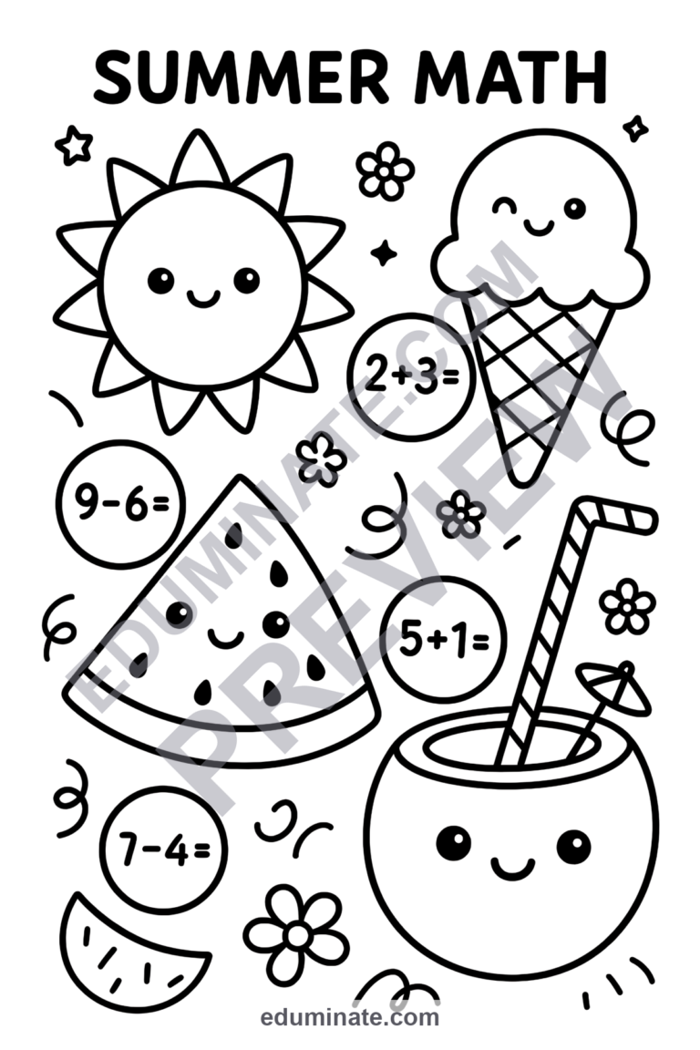End of Year Math Coloring Pages Summer Countdown Activity Sheets for Kids sample page 1