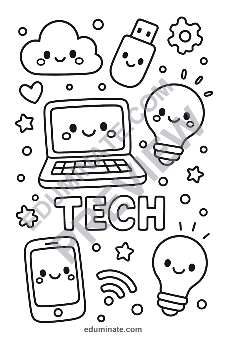 Computer Science Coloring Pages 56 STEM Gadget Technology Activity Sheets sample page 1