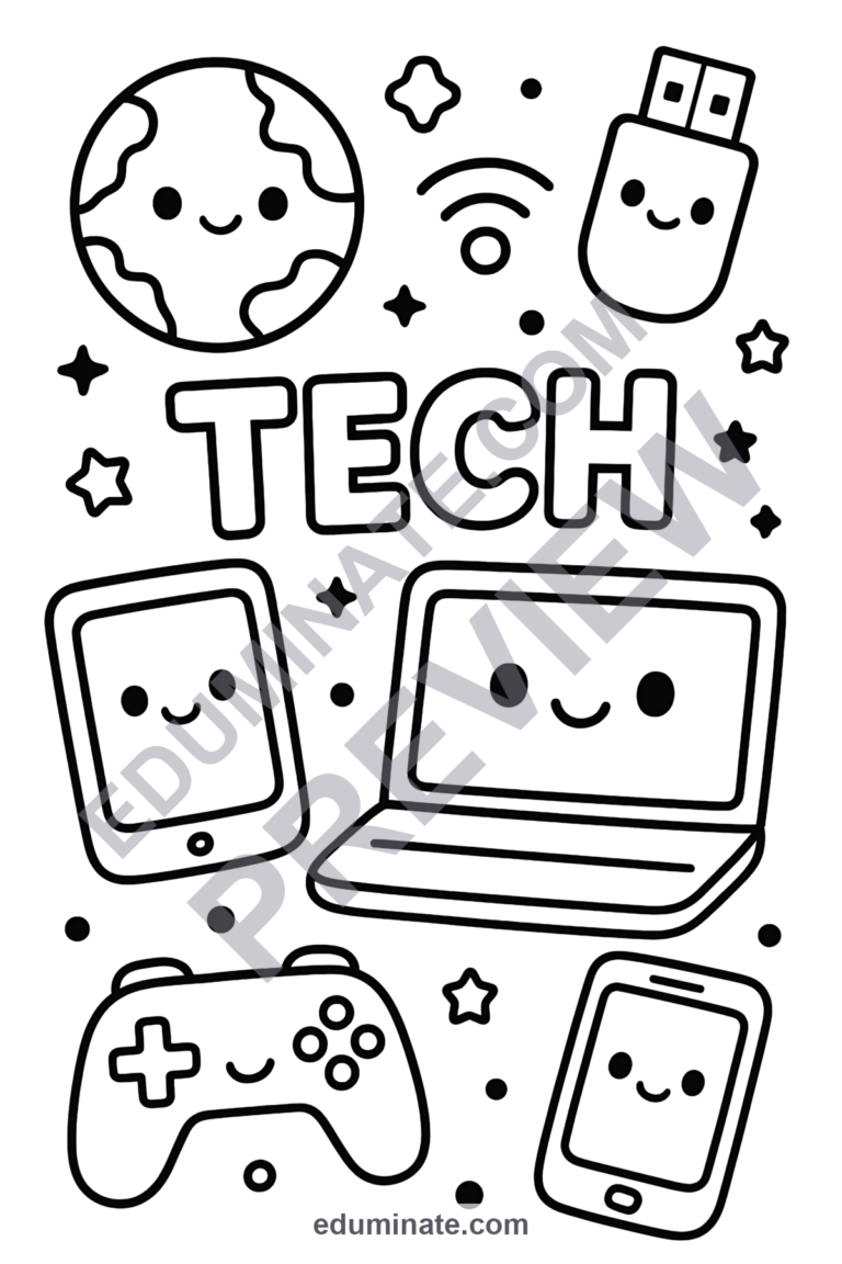 Simple Technology Coloring Pages Early Computer Lab Activity Pack for Kids sample page 1