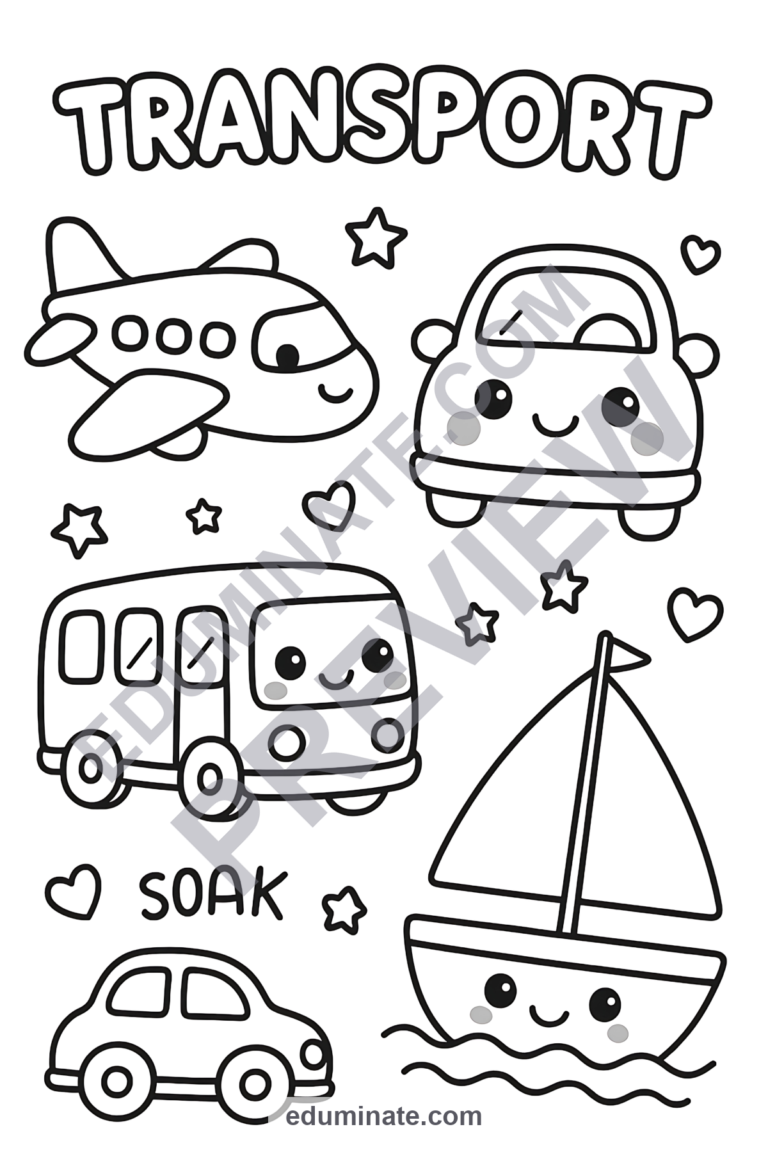Transportation Coloring Pages Land Sea and Air Vehicles Activity Sheets Kids sample page 1