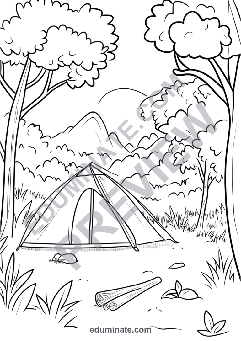 50 Camping Theme Coloring Pages Printable Outdoor and Nature Sheets for Kids sample page 1