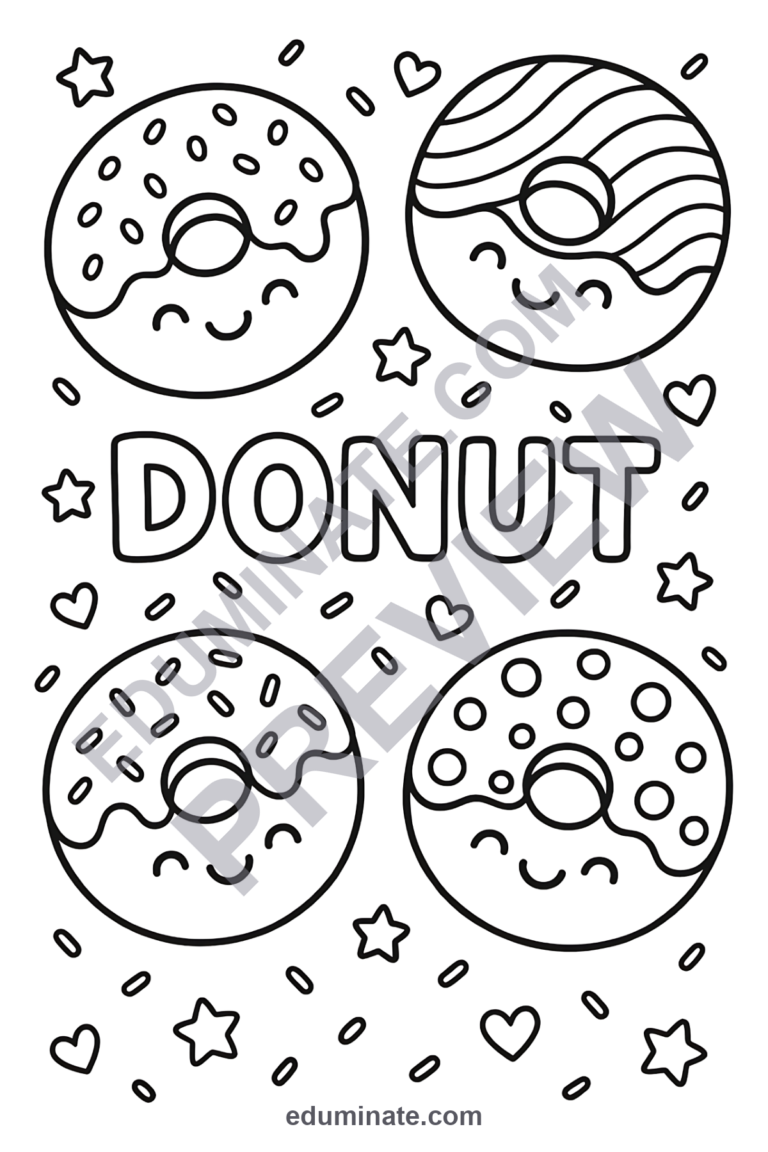 Donut Coloring Pages | Sweet Treats Bakery Food Art Activity Sheets for Kids sample page 1