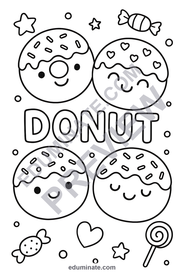 Printable Donut Coloring Pages | Sweet Treats Bakery Food Art Sheets for Kids sample page 1