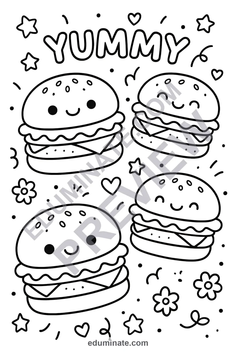 Burger Coloring Pages Fast Food Activity Sheets Printable Nutrition Pack Kids sample page 1