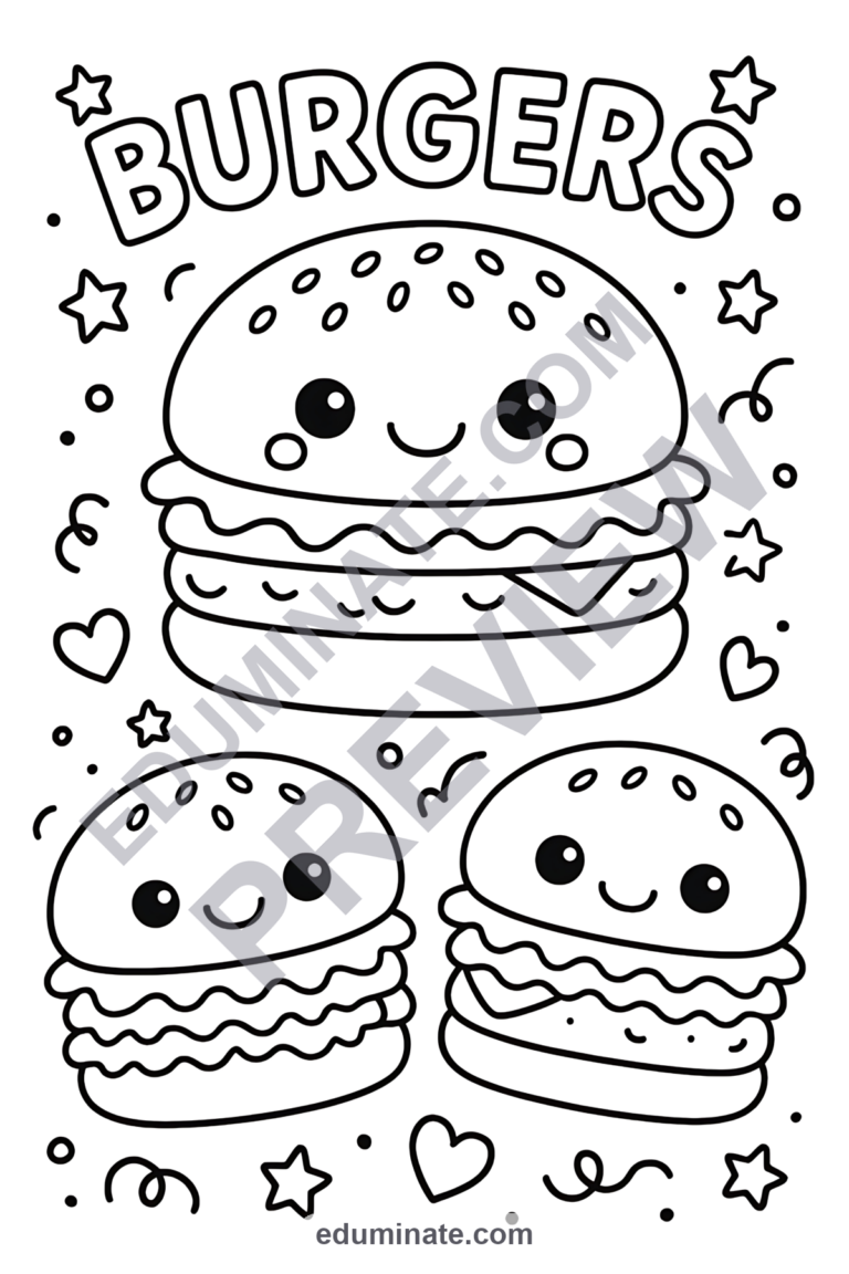 Burger and Fries Coloring Pages Fast Food Cooking Activity Sheets for Kids sample page 1