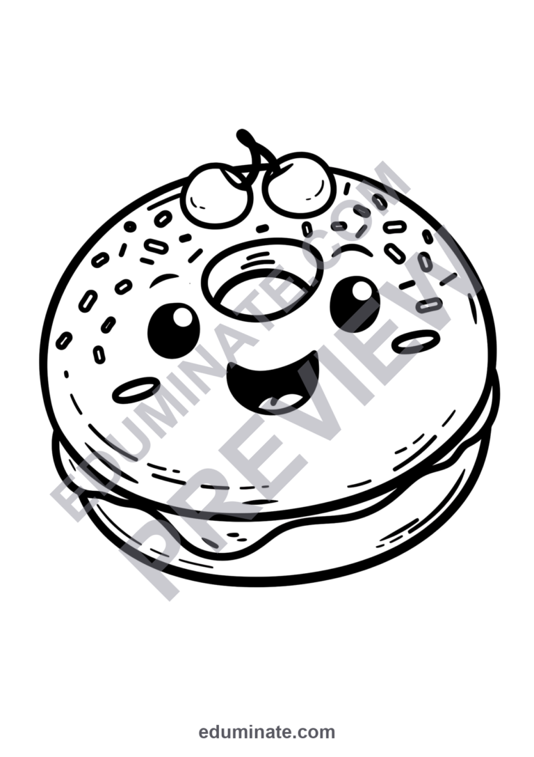 Donut Coloring Pages Printable | Cute Sweet Treats Bakery Sheets for Kids sample page 1