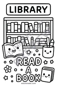 Printable Library Coloring Pages Reading Activity Sheets Pack for Kids Fun page 1