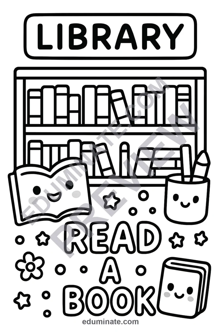 Printable Library Coloring Pages Reading Activity Sheets Pack for Kids Fun sample page 1