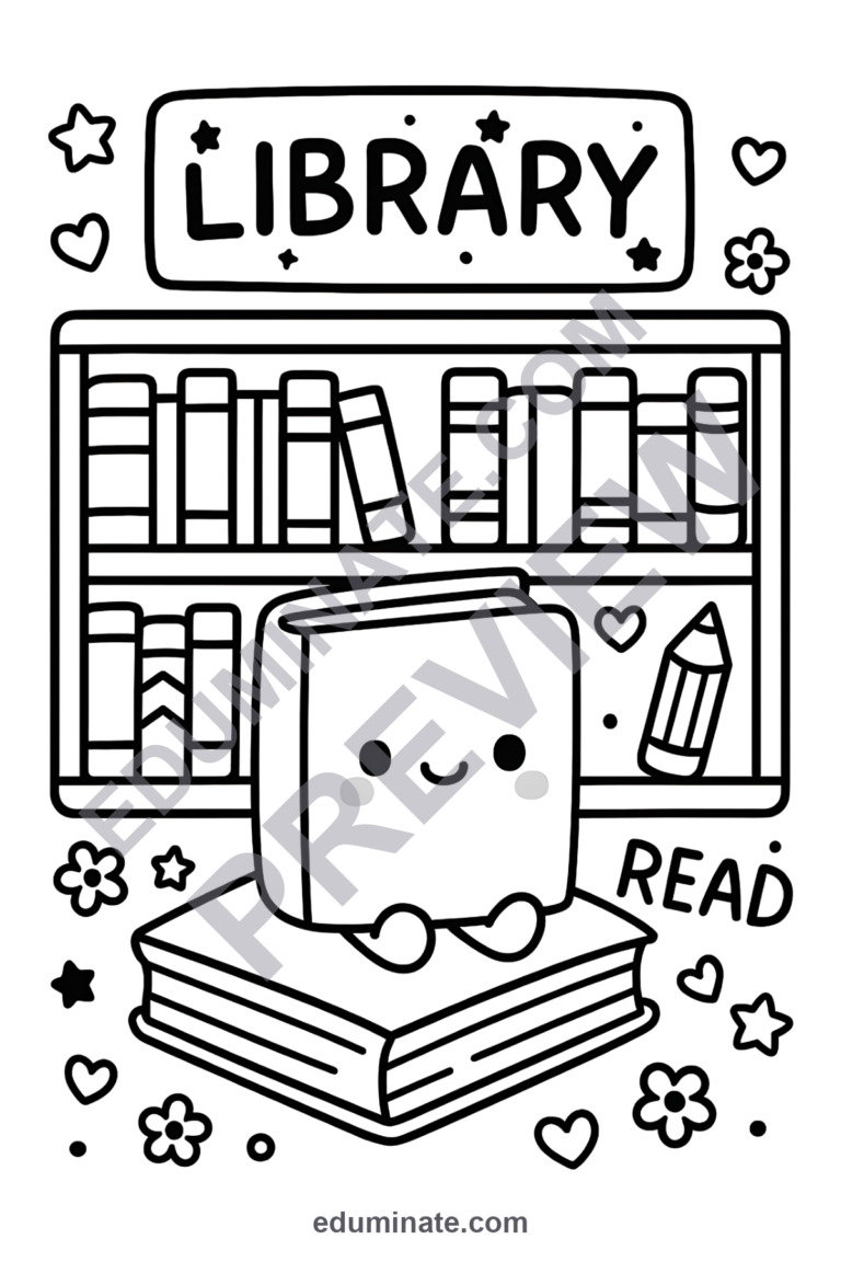 School Library Coloring Pages Book Week Art Activity Sheets Pack for Kids sample page 1