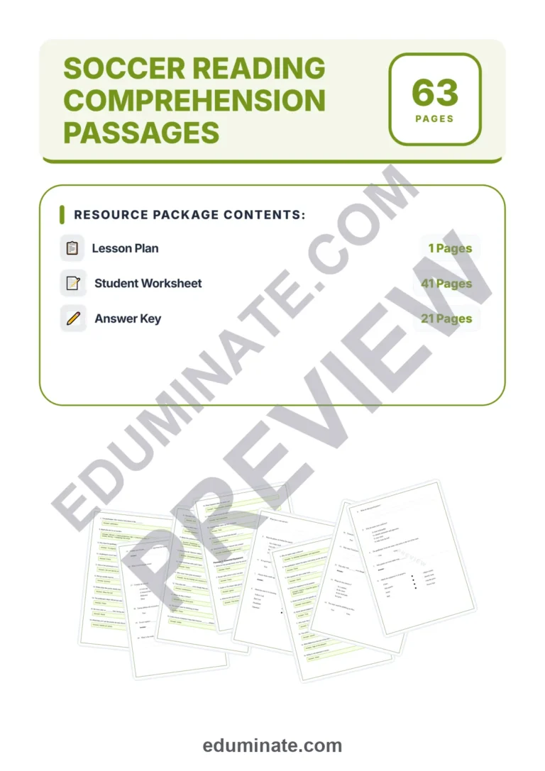 Soccer Reading Comprehension Passages and Sports Activities Worksheets Set sample page 1
