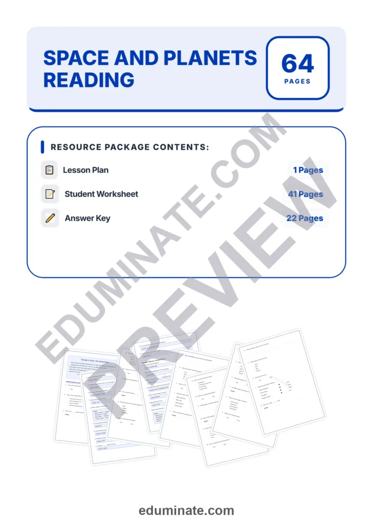 Space and Planets Reading Comprehension Passages and Solar System Worksheets sample page 1