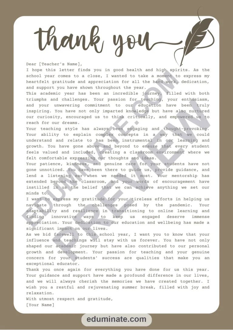 Thank You Letter to Teacher for the Last Day of School – 12 Page Printable PDF sample page 1