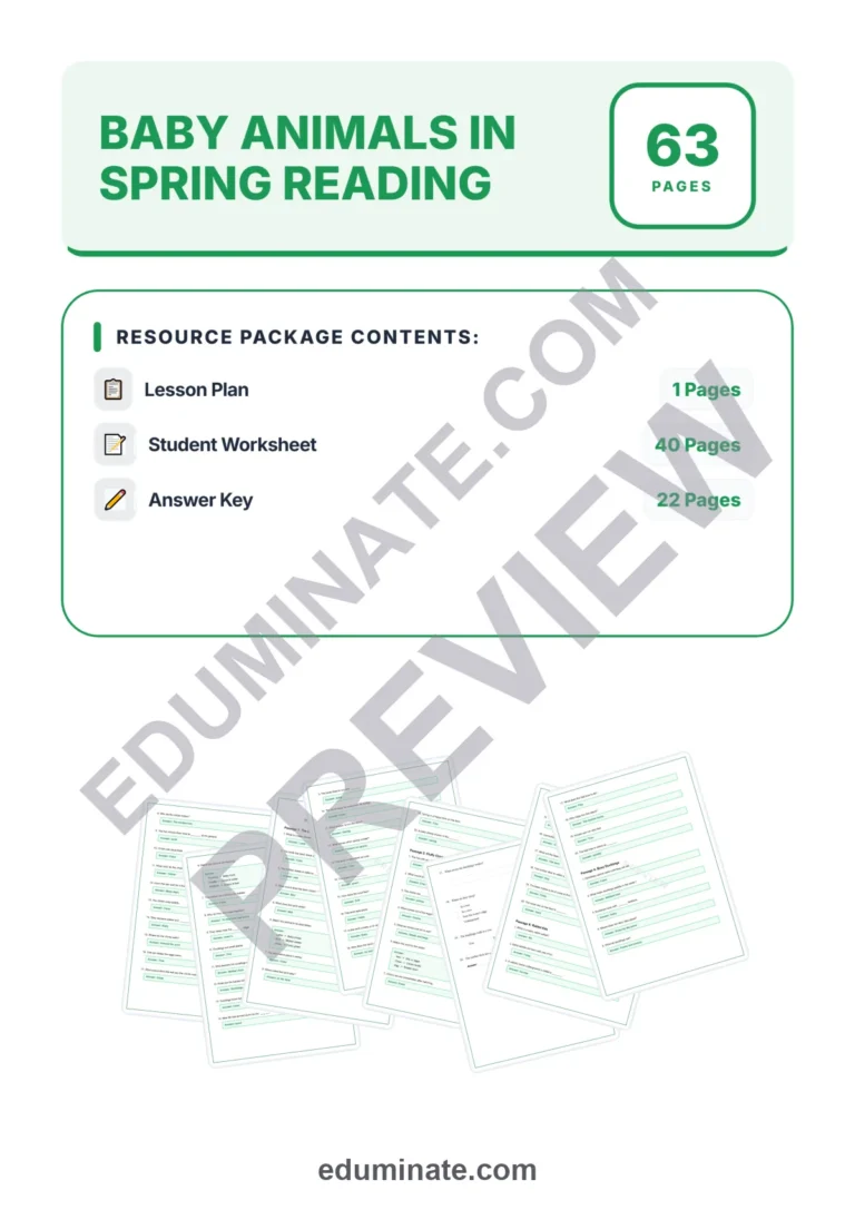 Baby Animals in Spring Reading Comprehension Passages Worksheets Grades 1-5 Unit sample page 1