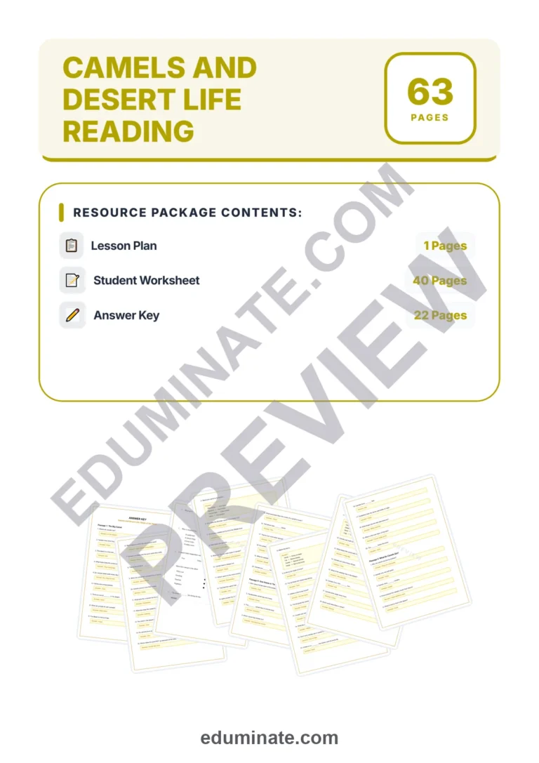 Camels and Desert Life Reading Comprehension Passages Worksheets Grades 2-6 sample page 1