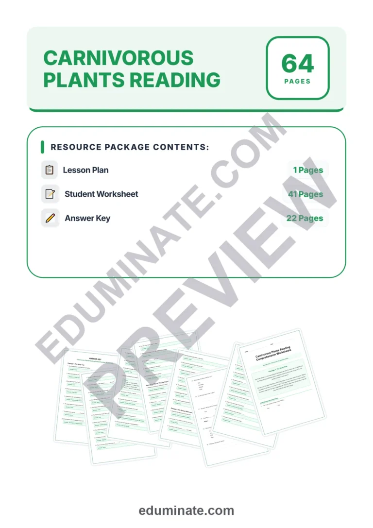 Carnivorous Plants Worksheets: Reading Passages with Answer Keys, Grades 2-6 sample page 1