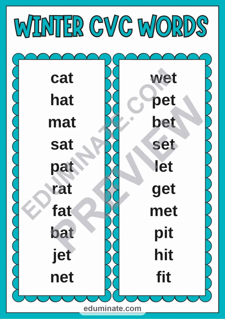 CVC Word Lists: Winter Phonics Worksheets for Pre-K and Kindergarten – 6 Pages sample page 1