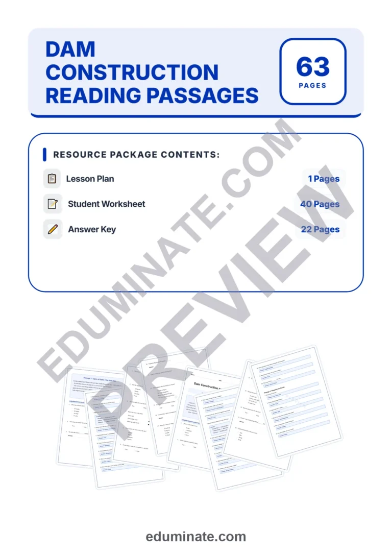 Dam Construction Reading Comprehension Passages and Questions for Grades 3-7 sample page 1