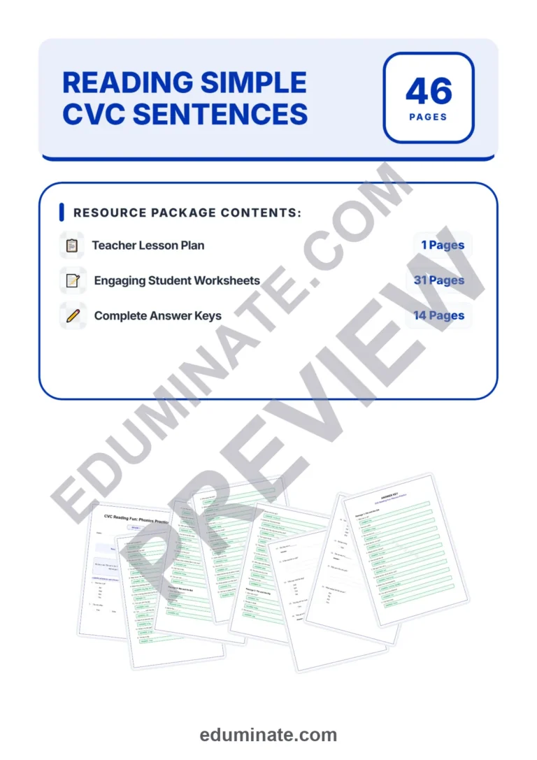 Reading Simple CVC Sentences Worksheets for Kindergarten and 1st Grade Class sample page 1