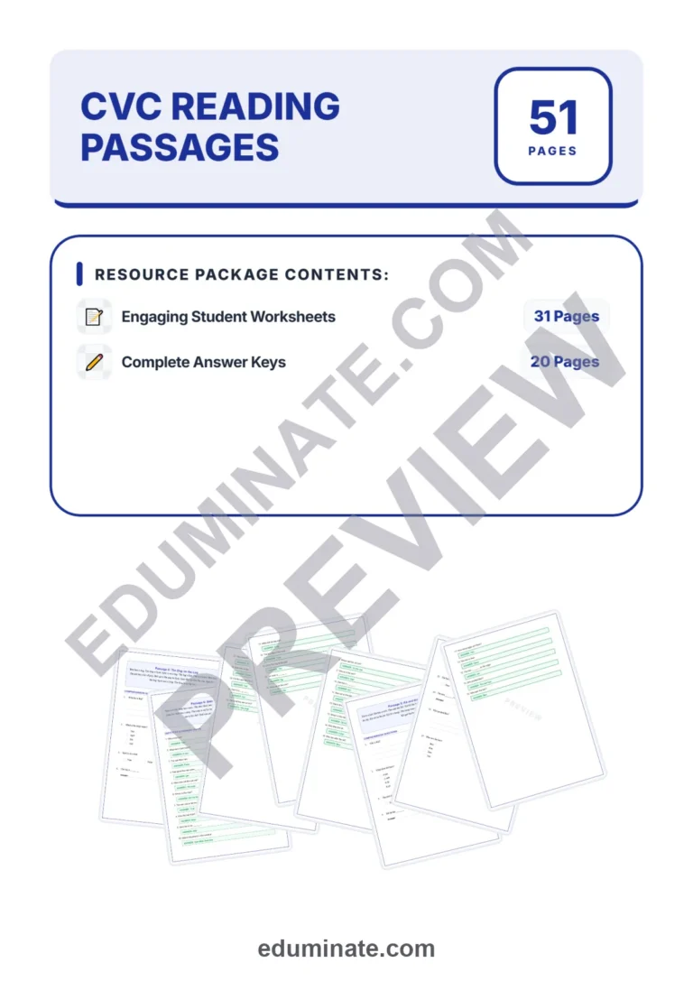 Short Vowel Worksheets – CVC Words Reading Passages and Questions 1st Grade sample page 1