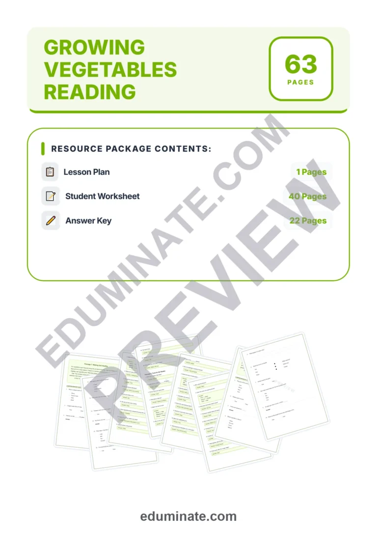 Growing Vegetables Reading Comprehension Passages and Questions Grades 1-5 sample page 1