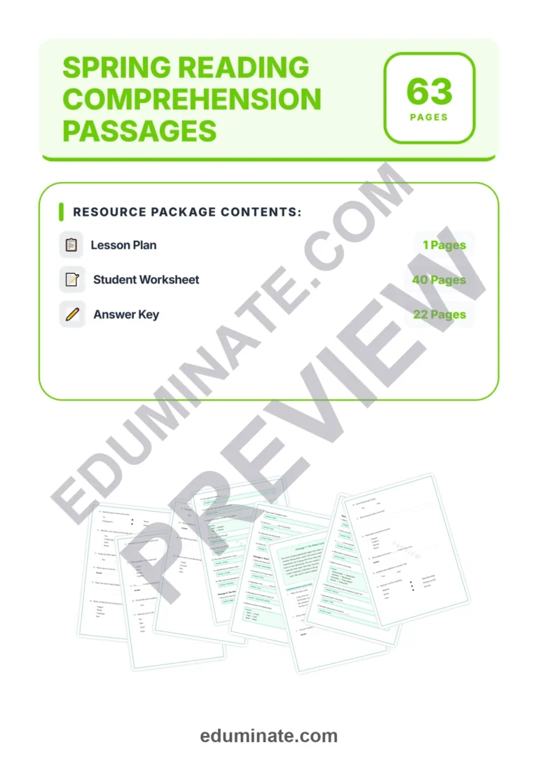 Spring Worksheets: Reading Comprehension Passages with Answer Keys, Grades 1-8 sample page 1