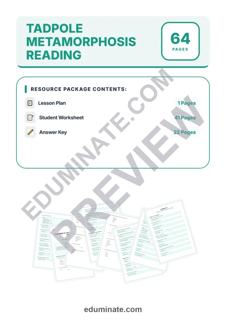 Tadpole Metamorphosis Reading Comprehension Passages Worksheets Grades 1 to 5 sample page 1