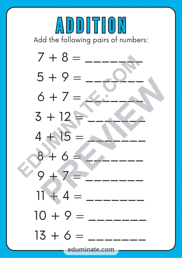 Addition and Subtraction Within 20 | Math Worksheets | 6 Practice Pages Pack sample page 1