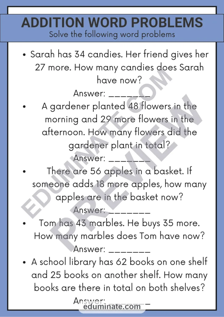 Word Problems Within 100 | Addition and Subtraction | 4 Math Practice Pages sample page 1