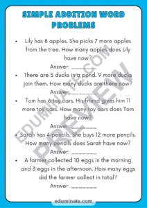 Word Problems Within 20 Math Worksheets Addition and Subtraction Activities page 1