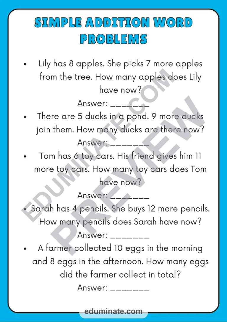 Word Problems Within 20 Math Worksheets Addition and Subtraction Activities sample page 1