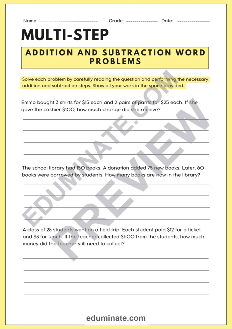 Multi Step Addition and Subtraction Problems Word Problem Math Worksheets sample page 1