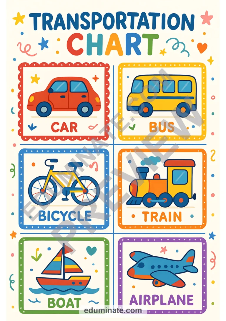 Transportation Chart | Printable Vehicles Chart for Preschool | 52 Chart Pages sample page 1