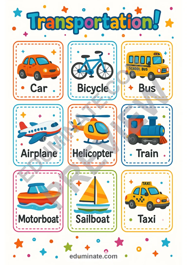 Transportation Flashcards | Printable Vehicle Picture Cards | 72 Card Pages sample page 1